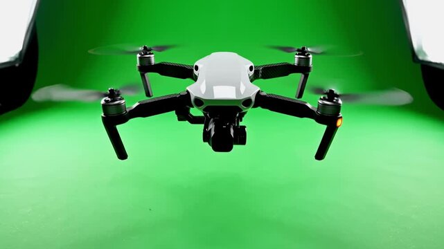 A white drone floats in the air against a green backdrop, props spinning. Technology in action
