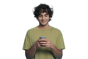 young man using smartphone on white background