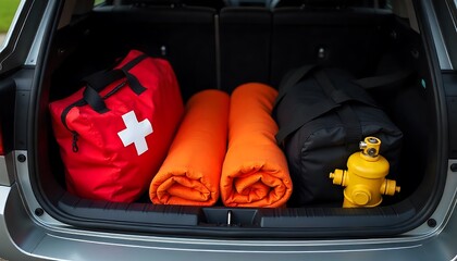 Obraz na płótnie Canvas A car trunk filled with various emergency supplies, including a red first aid kit with a white cross, orange blankets, Emergency car kit with blanket and tools in vehicle, created with generative ai
