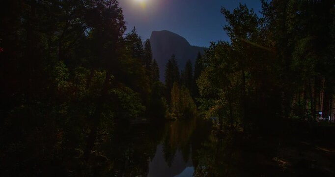 Half Dome Moon Reflection &ndash; Night Timelapse of Yosemite&rsquo;s Granite Peak and Peaceful River Under the Stars