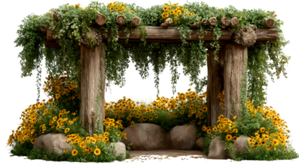 Rustic wooden arbor adorned with lush greenery and vibrant yellow flowers creates a charming outdoor scene perfect for weddings or garden events