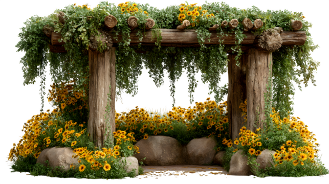 Rustic wooden arbor adorned with lush greenery and vibrant yellow flowers creates a charming outdoor scene perfect for weddings or garden events
