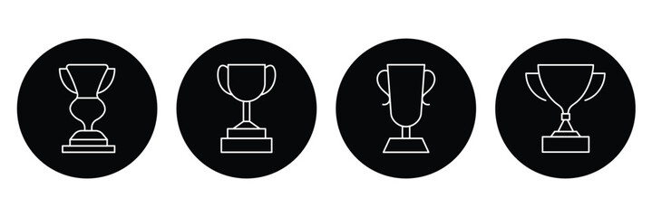 Set of black trophy silhouettes in various designs. Award cups vector set, trophy black icons, sport champion prize isolated on white background . Hand drawn winner cups isolated . eps 10 