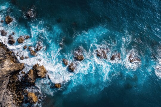 Dynamic interaction of ocean waves and a vibrant rug along the shoreline during a sunny afternoon in a coastal setting