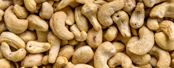 Cashews. Close up of cashew nuts background. Top view