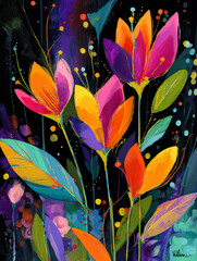 Colorful abstract floral painting with bold brush strokes
