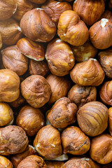 Hazelnuts. Close up of huzelnuts background. Top view