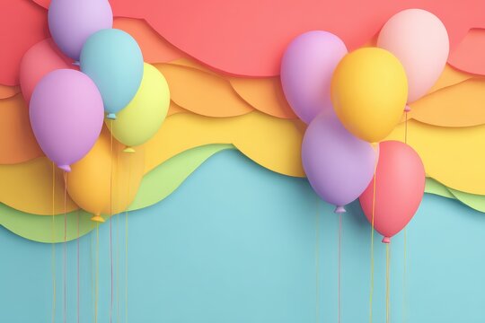 Colorful birthday celebration background featuring vibrant balloons and layered paper design for joyful occasions