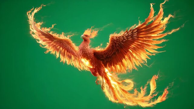 Fiery Phoenix Bird Ascending With Flaming Wings And Tail Against Green Screen Background Majestic