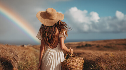 Woman in white dress and straw hat gazing at rainbow in summer field
