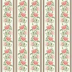 Floral pattern with vertical stripes featuring pink and red flowers with green leaves. The design is repetitive and symmetrical, set against a light beige background