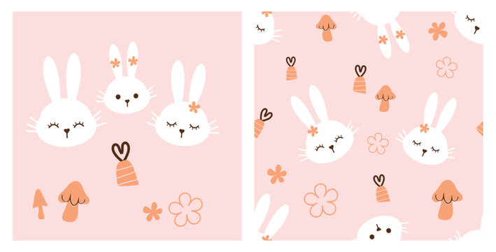Kawaii bunny seamless pattern vector, pastel pink background with white rabbit faces, carrot, mushrooms, hearts and flowers, cute kids illustration for fabric, wrapping and wallpaper.