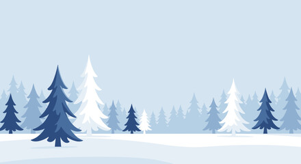 Vector winter landscape with snowy trees in blue and white colors for Christmas, copy space