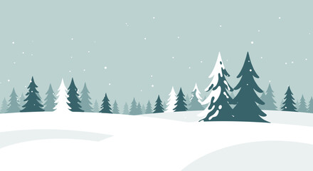 Vector winter landscape with snowy trees in blue and white colors for Christmas, copy space