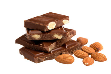 chocolate with almonds, isolated on white background.