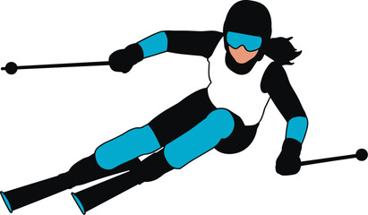 Obraz premium Female skier in black and blue ski suit with helmet and goggles, skiing down a slope