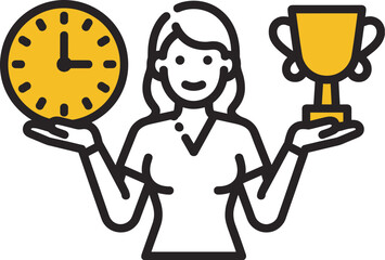 Woman holding a clock and a trophy, symbolizing time management and success