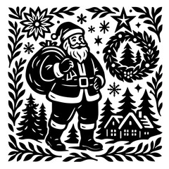 Santa With Gift Sack In Snowy Village Vintage Christmas Linocut Graphic