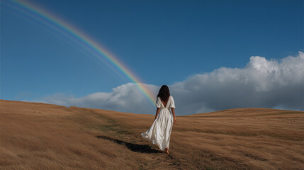 Woman in white dress walking under a rainbow in blue sky
