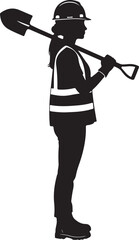  Silhouette of a female construction worker or builder with a shovel, depicting industry, labor, and women in hard hat and safety vest
