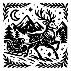 Leaping Reindeer Over Mountains Under Starry Night Nordic Winter Scene