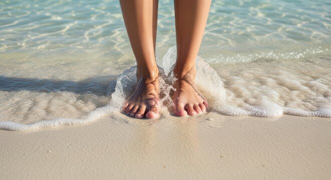 Female feet on sandy beach with gentle waves and clear water