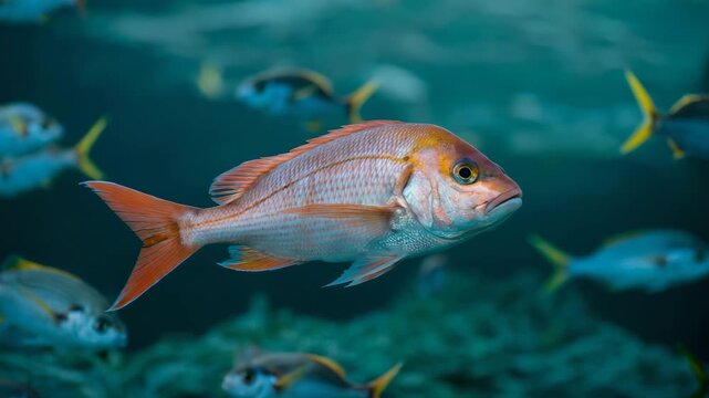 Close up of vibrant orange snapper fish swimming in clear blue ocean water with other fish