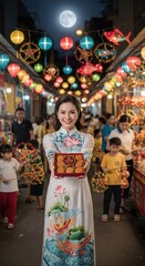 Obraz premium Woman in áo dài holding mooncakes and smiling, Mid-Autumn celebration scene