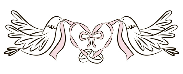 Vector illustration featuring two doves carrying pink ribbons forming a heart with a bow, intertwined with wedding rings. Represents love and marriage symbolism, ideal for romantic themes.