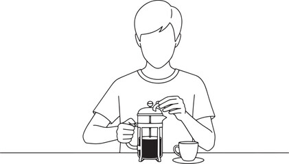 Outline Drawing of Person Preparing Coffee with French Press