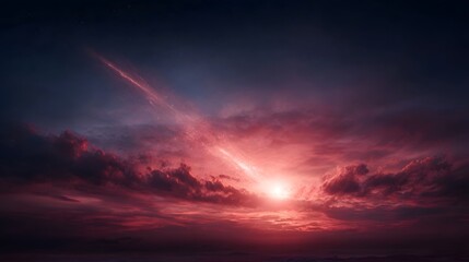 Fototapeta premium Dramatic crimson sunset over clouds with a glowing celestial event resembling an exploding star or meteor