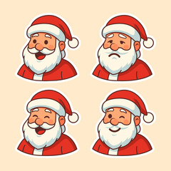 Set of Cute Santa Claus Cartoon Stickers with Emotions - Christmas Holiday Character Avatar Collection Vector