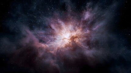 Obraz premium Vibrant cosmic explosion unfolds with swirling nebulae in purple pink and orange hues illuminated by a bright central light against a star filled