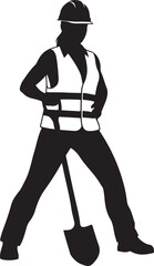 Female Construction Worker or Laborer Silhouette with Shovel, wearing Hard Hat and Safety Vest, depicting Manual Labor and Industry.