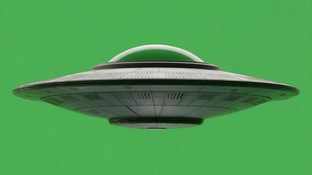 Futuristic alien flying saucer hovering on green screen background with glowing ring and metallic