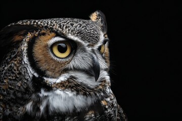 Obraz premium Portrait of a majestic Great Horned Owl against a dark background, showcasing its piercing yellow eyes and detailed plumage