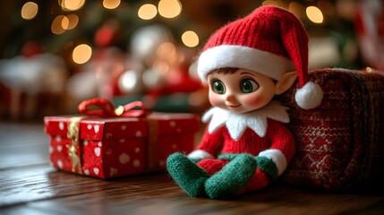Cheerful elf doll sits beside festive presents in cozy holiday setting during winter season