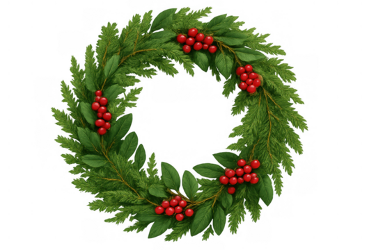 Christmas wreath decorating for holiday season with green branches and red berries on a transparent background
