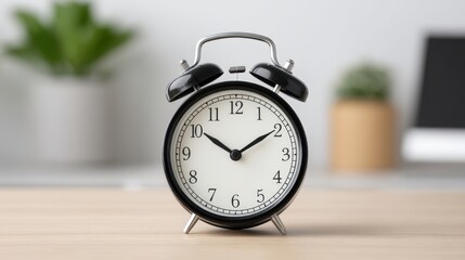 Naklejka premium Classic Alarm Clock on Wooden Desk in Modern Workspace Setting with Green Plant in Background and Soft Natural Light