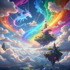 Fantasy landscape of blue sky and clouds with a vibrant rainbow and sunlight