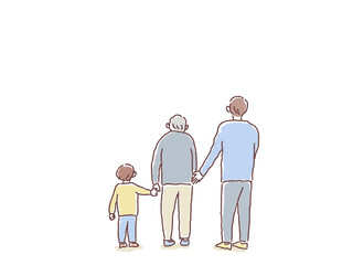 高齢者と手を繋ぐ子供、支える男性の後ろ姿