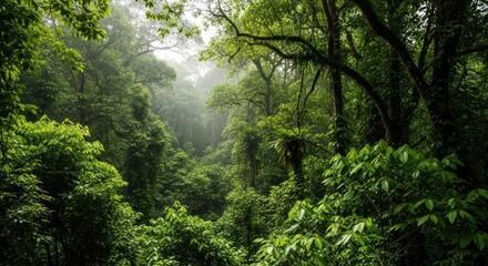 Obraz premium Lush green tropical rainforest with dense foliage and misty atmosphere