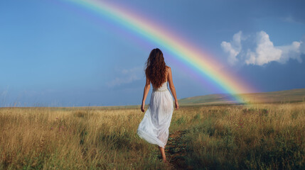 Woman in white dress walking under a rainbow in blue sky

