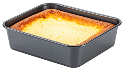 cheese cake in baking pan in rectangle shape isolated on white background