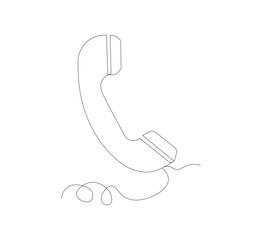 One line drawing of telephone receiver isolated vector object. Vintage retro telephone communication concept. White background. Black thin outline of old telephone with lines.