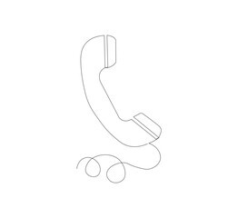 One line drawing of telephone receiver isolated vector object. Vintage retro telephone communication concept. White background. Black thin outline of old telephone with lines.