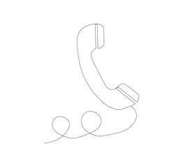 One line drawing of telephone receiver isolated vector object. Vintage retro telephone communication concept. White background. Black thin outline of old telephone with lines.
