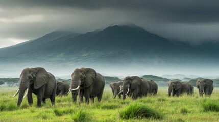 Majestic Elephant Herd Grazing with Mountain Backdrop in Serene African Landscape