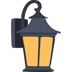 Vintage Wall Mounted Lantern With Yellow Light Illuminated Glass Panels And Dark Gray Metal Frame On Transparent Background