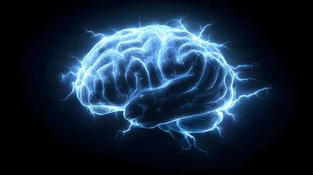 Glowing human brain illustration surrounded by intense electrical energy discharges
